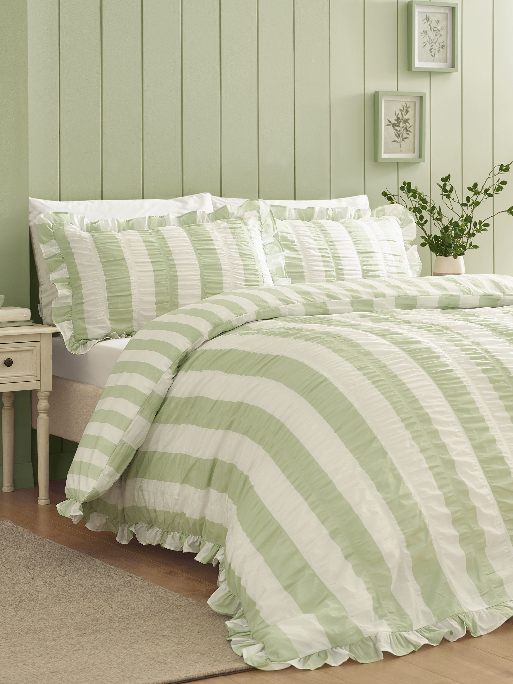 Catherine Lansfield Green Seersucker Ruffle Stripe Duvet Cover & Pillowcase Set
