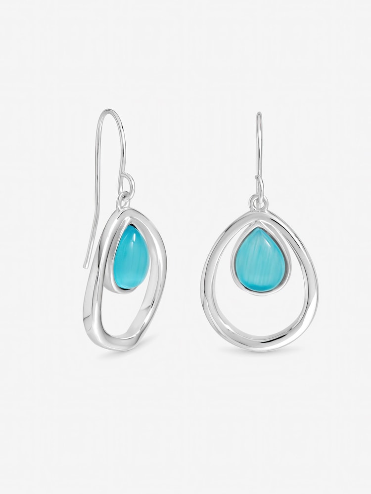 Simply Silver 925 Sterling Silver Blue Cats Eye Polished Oval Drop Earrings - Image 1 of 2