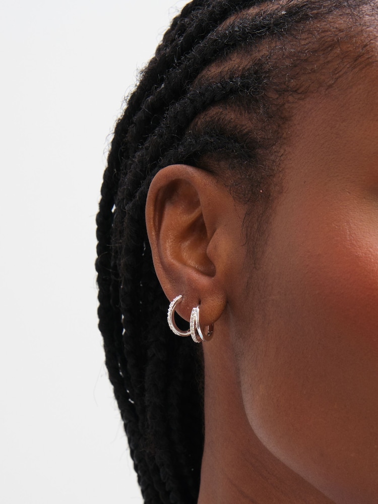 Simply Silver Polished And Pave Hoops Pack of 2 Earrings - Imaginea 1 din 2