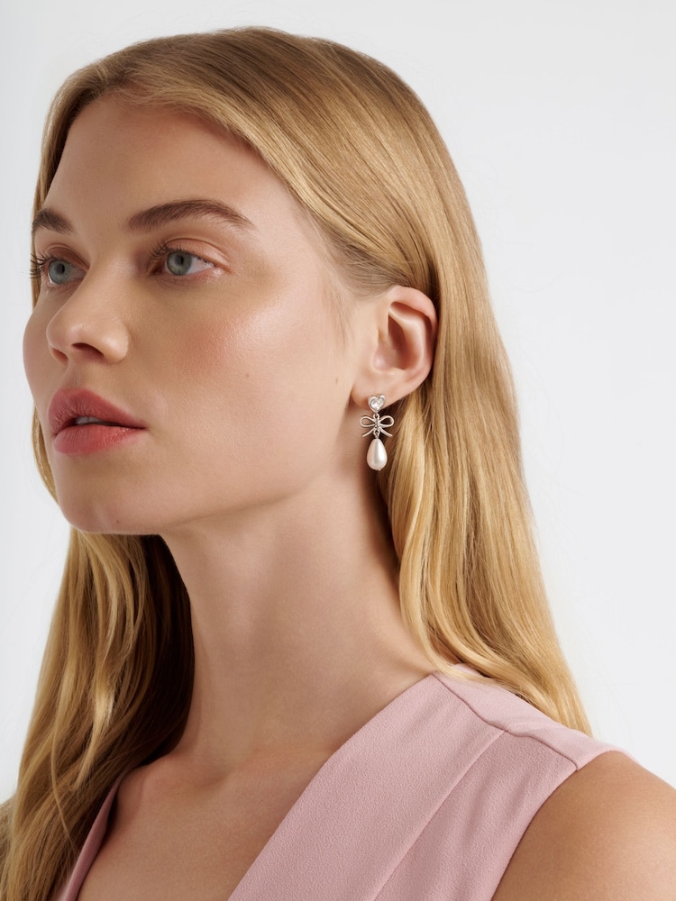 Ted Baker Silver Tone/Pearl & Crystal IVY: Icon Charm Heart Bow Drop Earrings - Image 4 of 4