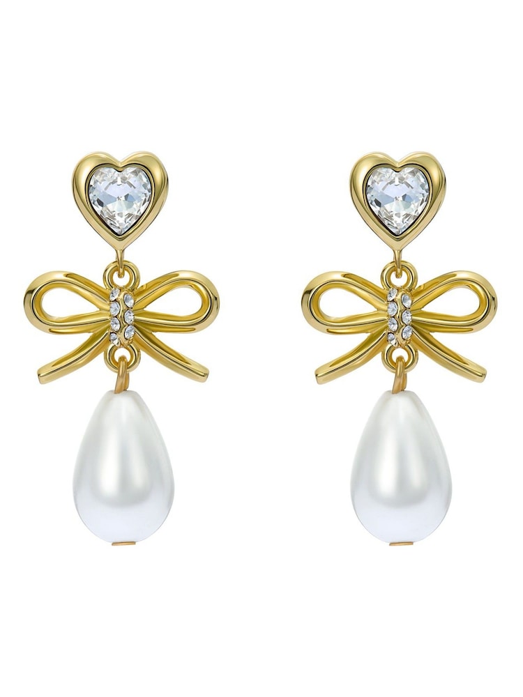 Ted Baker Gold Tone/Pearl & Crystal IVY: Icon Charm Heart Bow Drop Earrings - Image 1 of 4