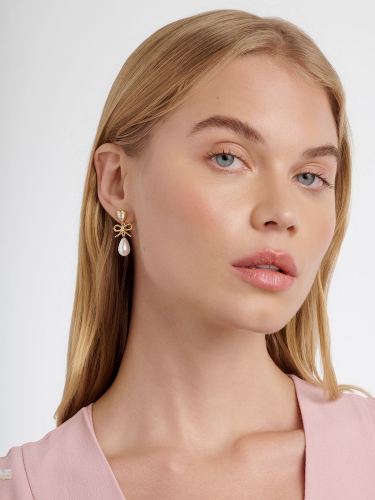 Ted Baker Gold Tone/Pearl & Crystal IVY: Icon Charm Heart Bow Drop Earrings - Image 4 of 4