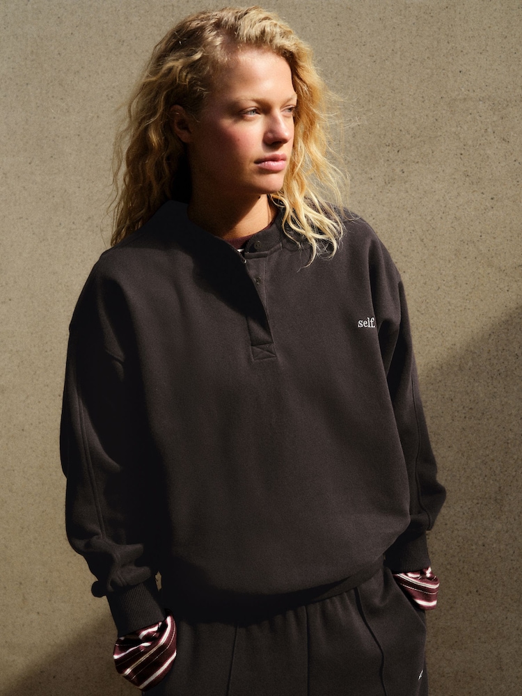 self. Chocolate Brown Henley Sweatshirt - Image 2 of 8