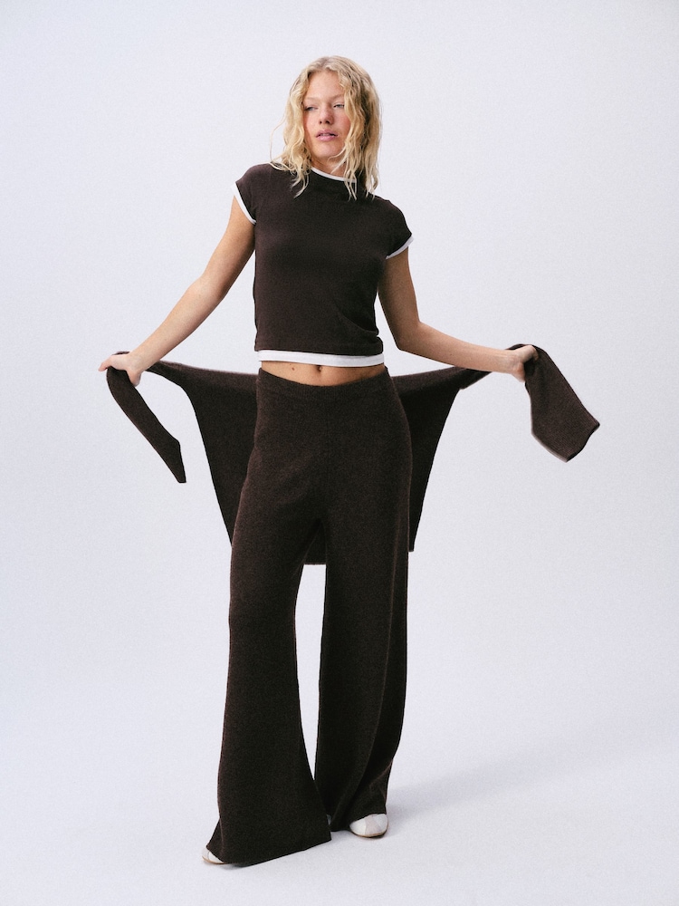 self. Chocolate Brown Knitted Wide Leg Joggers - Image 2 of 8
