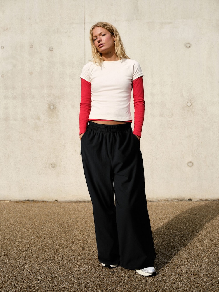 self. Black 4 Way Stretch Wide Joggers - Image 2 of 8