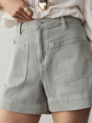 Sage Green Lightweight Denim Patch Pocket Shorts - Image 5 of 10