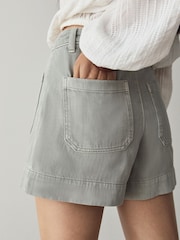 Sage Green Lightweight Denim Patch Pocket Shorts - Image 6 of 10
