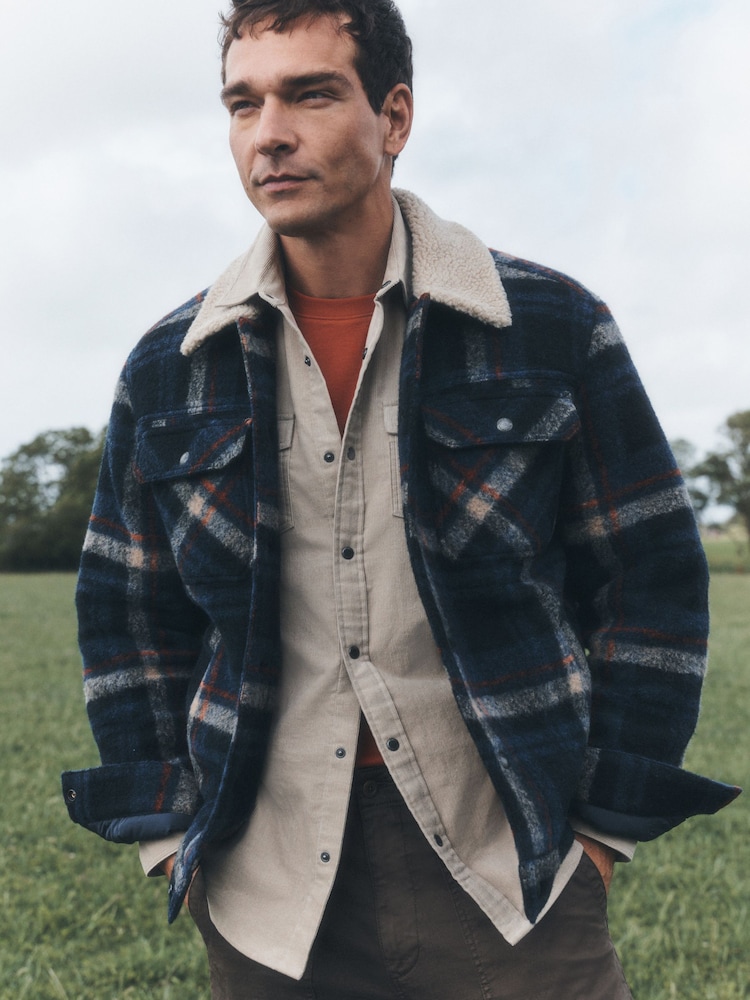 Blue Check Borg Lined Trucker Jacket With Wool - Image 1 of 7 Blue Check Borg Lined Trucker Jacket With Wool - Image 1 of 7