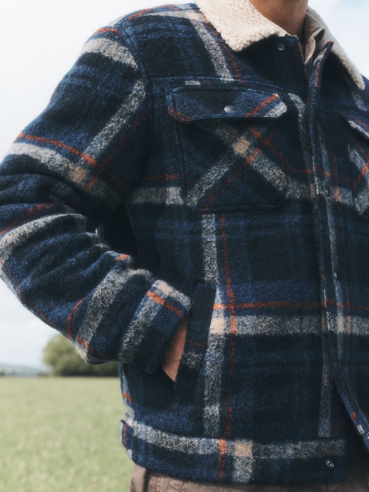 Blue Check Borg Lined Trucker Jacket With Wool - Image 7 of 7 Blue Check Borg Lined Trucker Jacket With Wool - Image 7 of 7