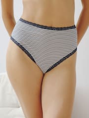 Navy Stripe High Waist High Leg Cotton and Lace Knickers 4 Pack - Image 2 of 11
