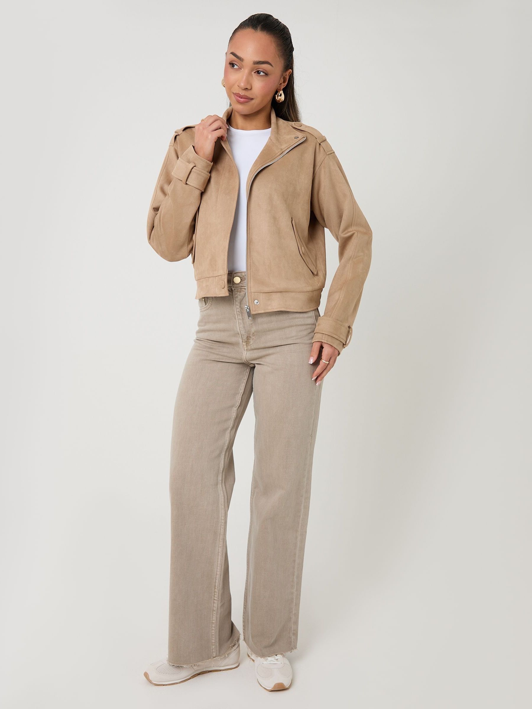 Buy Threadbare Beige Faux Suede Funnel Neck Bomber Jacket from