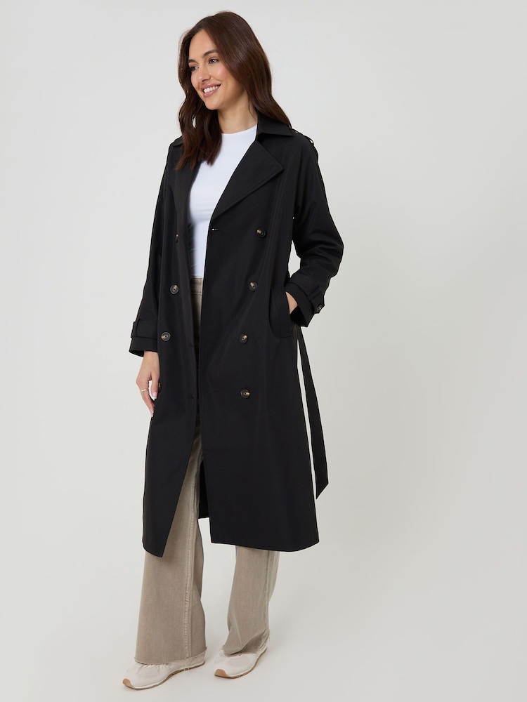 Threadbare Black Double Breasted Longline Trench Coat - Image 1 of 4