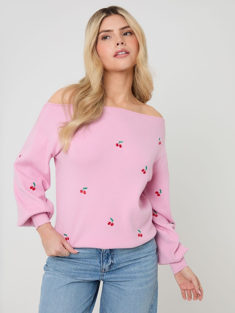 Threadbare Pink Cherry Embroidery Slash Neck Jumper - Image 1 of 4