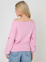 Threadbare Pink Cherry Embroidery Slash Neck Jumper - Image 2 of 4