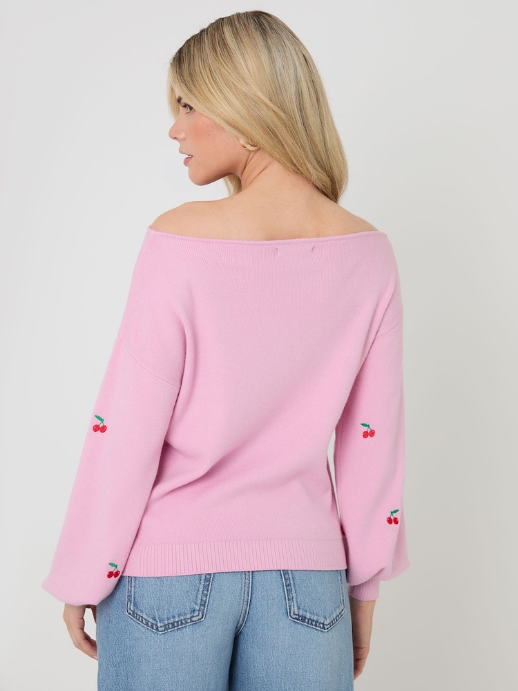Threadbare Pink Cherry Embroidery Slash Neck Jumper - Image 2 of 4