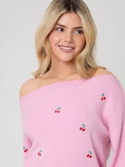 Threadbare Pink Cherry Embroidery Slash Neck Jumper - Image 4 of 4