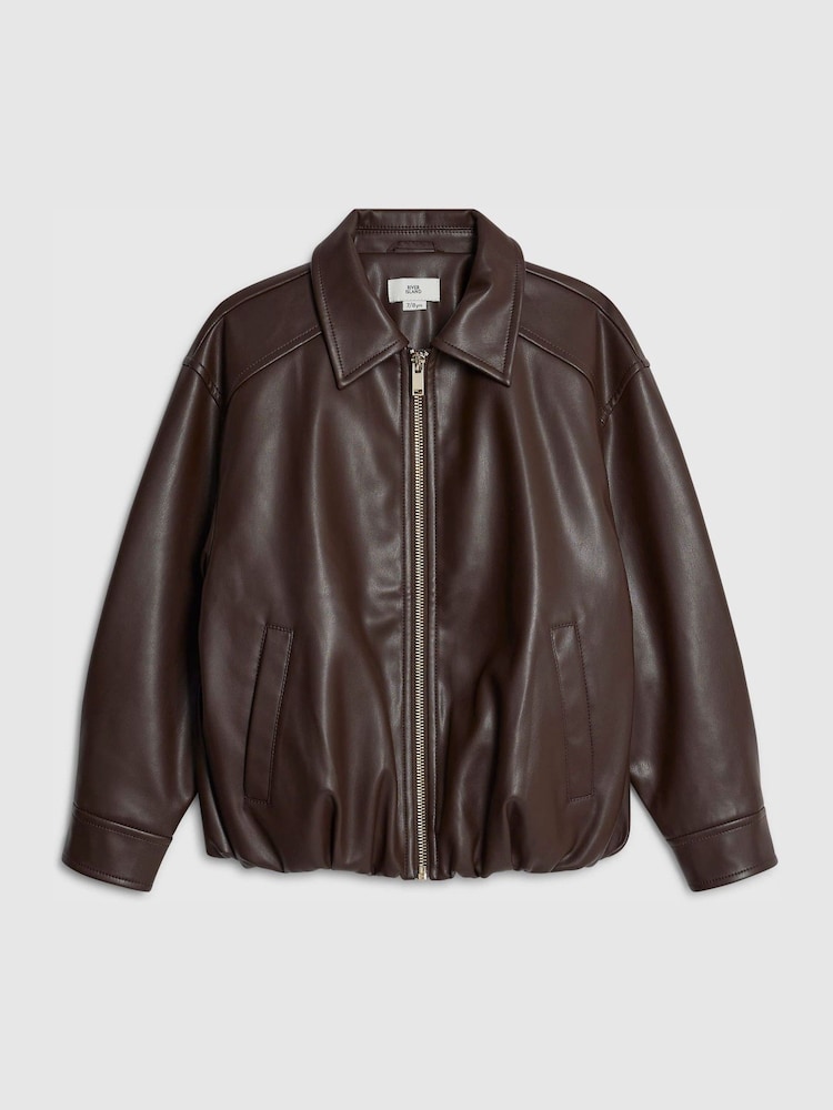 River Island Brown Faux Leather Bomber Jacket - Image 2 of 4