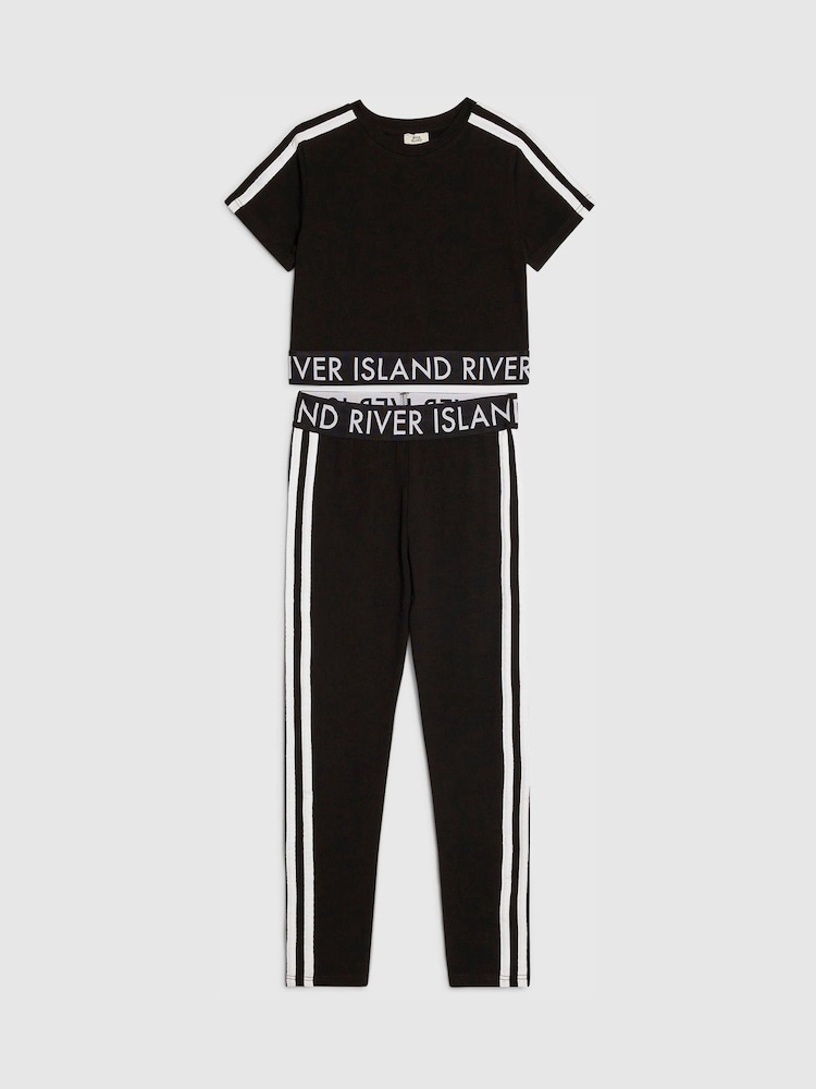 River Island Black Logo Stripe Top & Leggings Set - Image 1 of 4