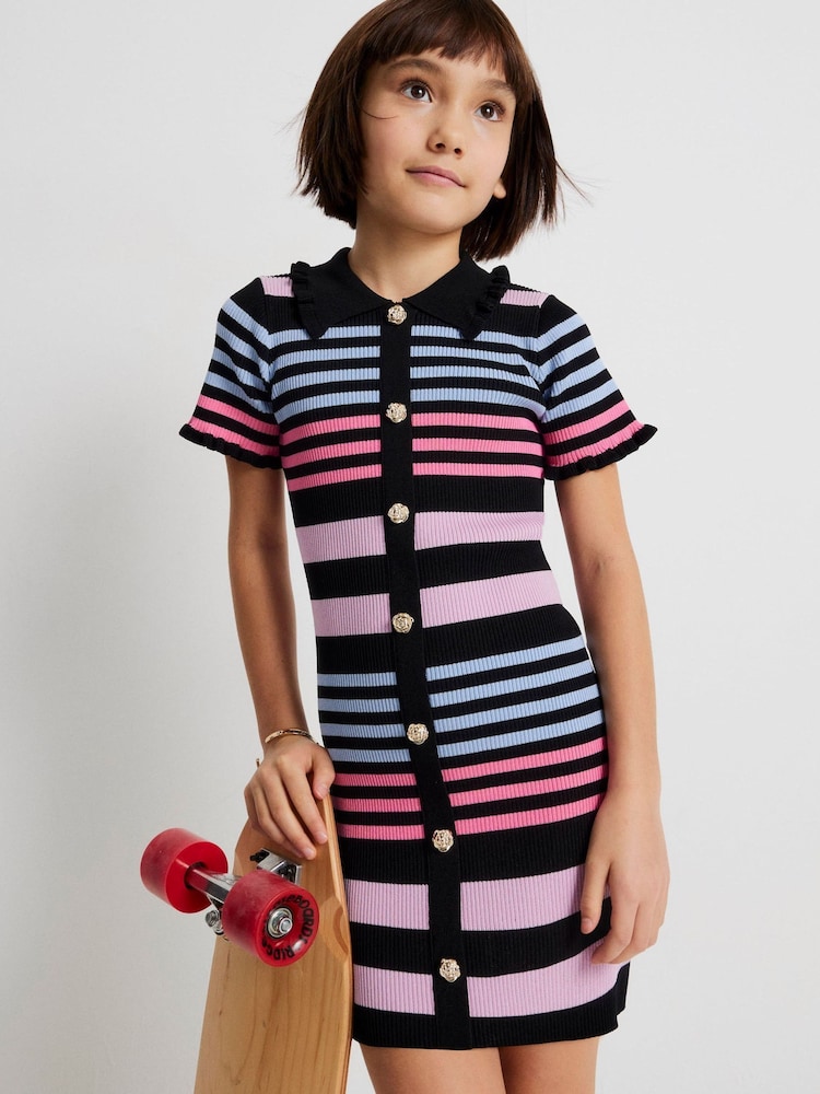 River Island Black Stripe Button Polo Dress - Image 1 of 6