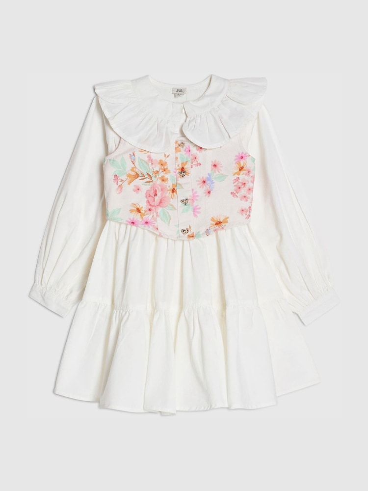 River Island White Frill Collar Floral Waistcoat Dress - Image 1 of 4