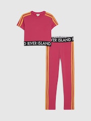 River Island Pink Logo Stripe T-Shirt & Leggings Set - Image 1 of 4