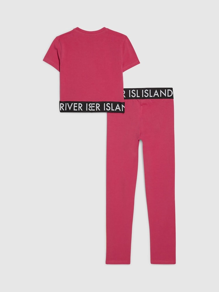 River Island Pink Logo Stripe T-Shirt & Leggings Set - Image 2 of 4 River Island Pink Logo Stripe T-Shirt & Leggings Set - Image 2 of 4