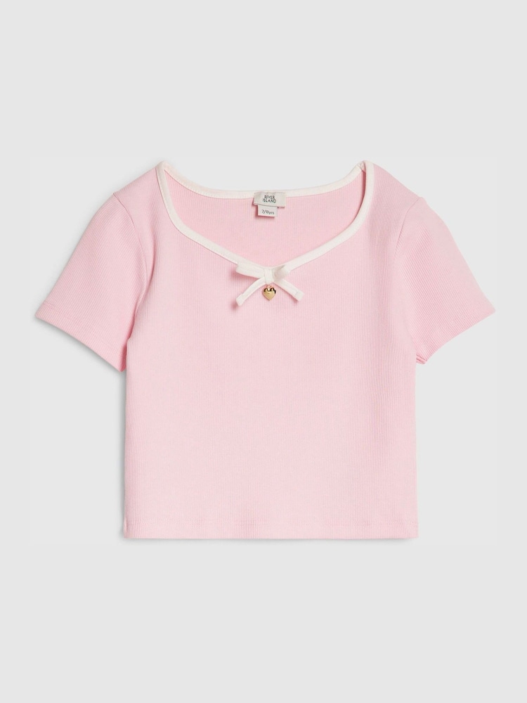 River Island Older Ribbed Sweetheart Bow T-Shirt - Image 1 of 4