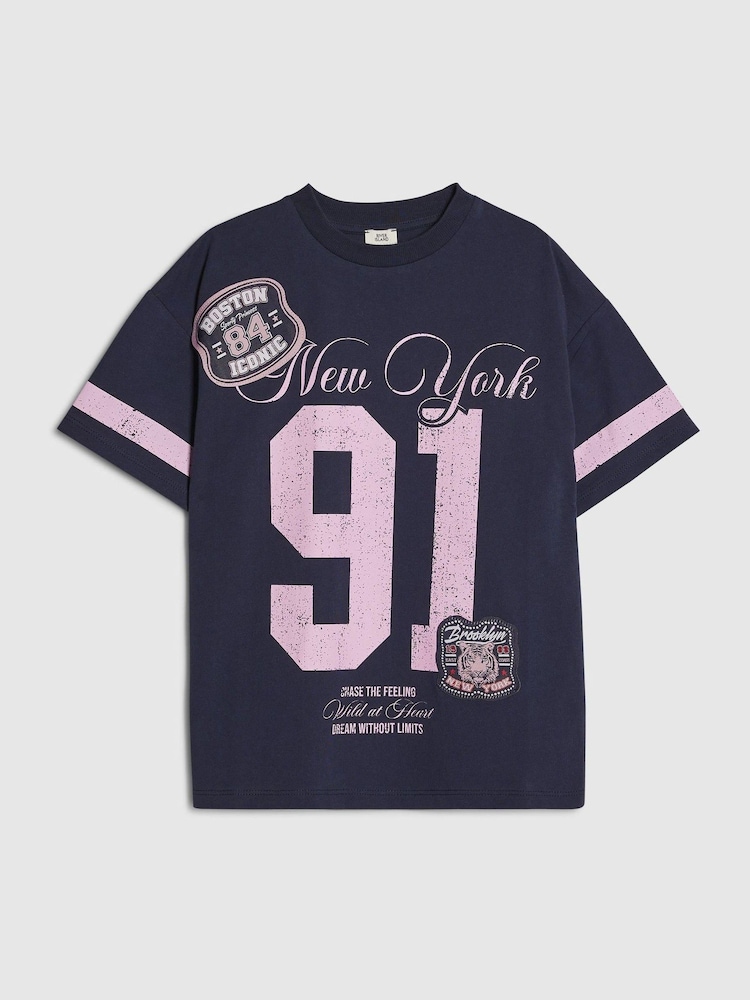 River Island Blue New York 91 Back Print T-Shirt - Image 1 of 4