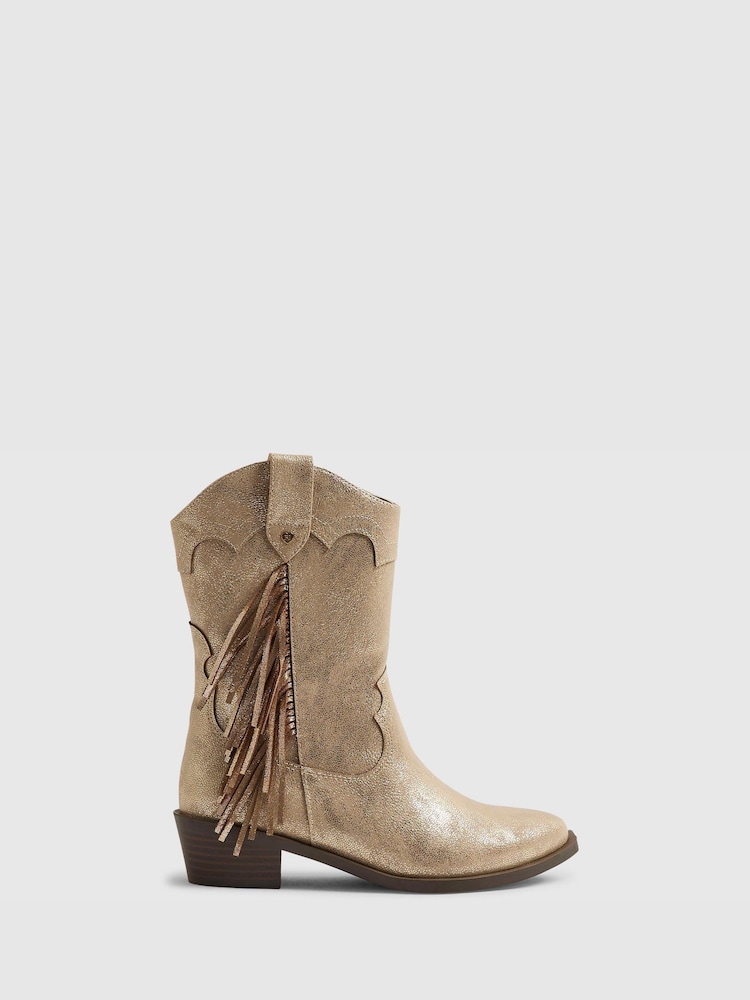 River Island Gold Metallic Western Tassle Boots - Image 1 of 5