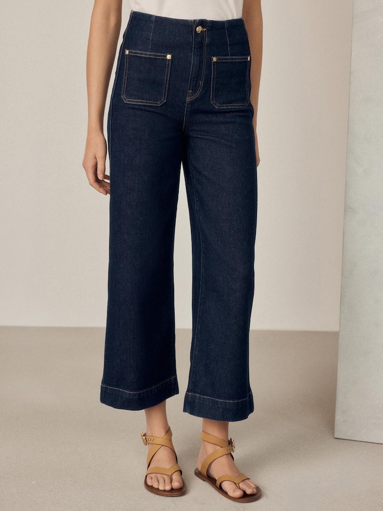Indigo Blue Patch Pocket Cropped Wide Leg Jeans - Image 1 of 8