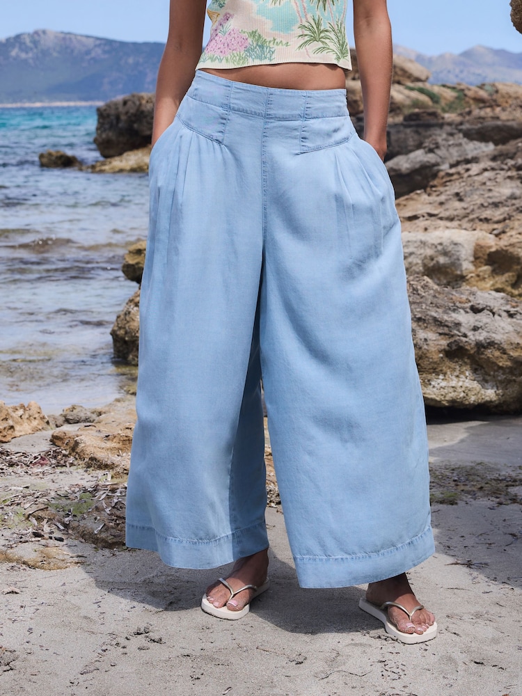 Bleach Blue Tencel Lightweight Denim Wide Crop Jeans - Image 2 of 7