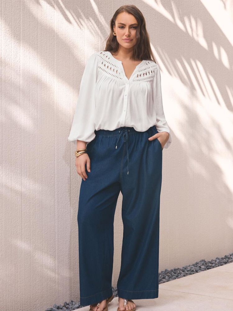 Evans Denim Blue Wide Leg Pull On Trousers - Image 1 of 2 Evans Denim Blue Wide Leg Pull On Trousers - Image 1 of 2