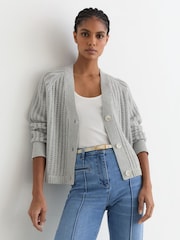 Reiss Silver Grey Constance Cotton-Blend Open-Knit Cardigan - Image 1 of 7
