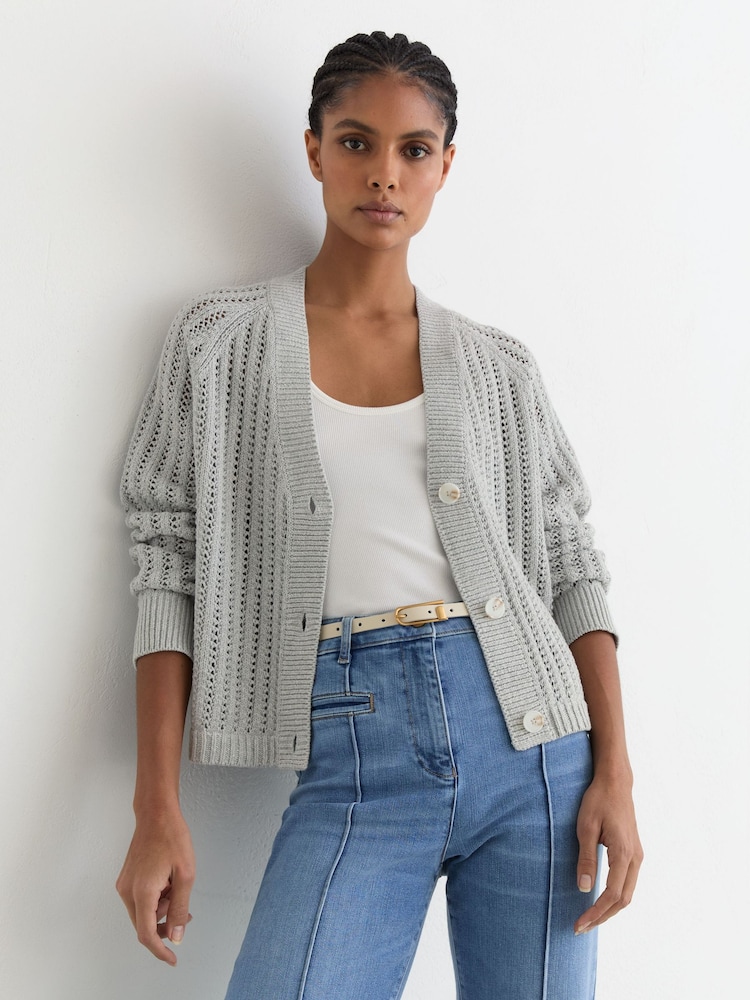 Reiss Silver Grey Constance Cotton-Blend Open-Knit Cardigan - Image 1 of 7