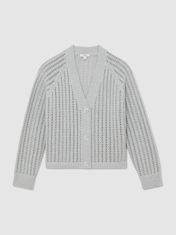 Reiss Silver Grey Constance Cotton-Blend Open-Knit Cardigan - Image 2 of 7