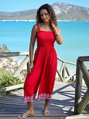 Pour Moi Red Lauren Shirred Bodice Broderie Hem Jumpsuit - Image 1 of 4