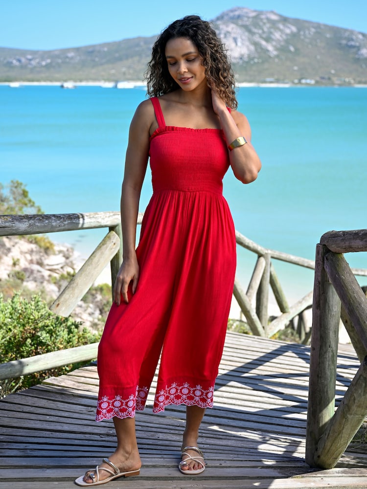 Pour Moi Red Lauren Shirred Bodice Broderie Hem Jumpsuit - Image 1 of 4