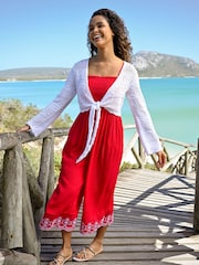 Pour Moi Red Lauren Shirred Bodice Broderie Hem Jumpsuit - Image 2 of 4