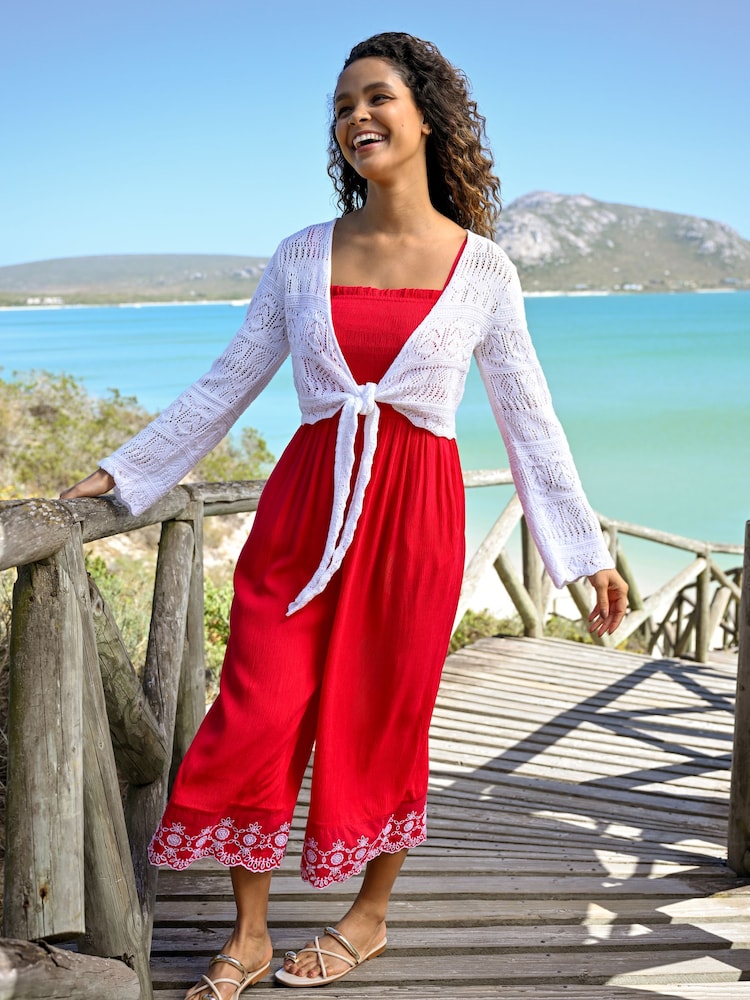 Pour Moi Red Lauren Shirred Bodice Broderie Hem Jumpsuit - Image 2 of 4