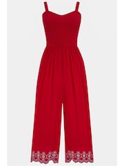 Pour Moi Red Lauren Shirred Bodice Broderie Hem Jumpsuit - Image 3 of 4