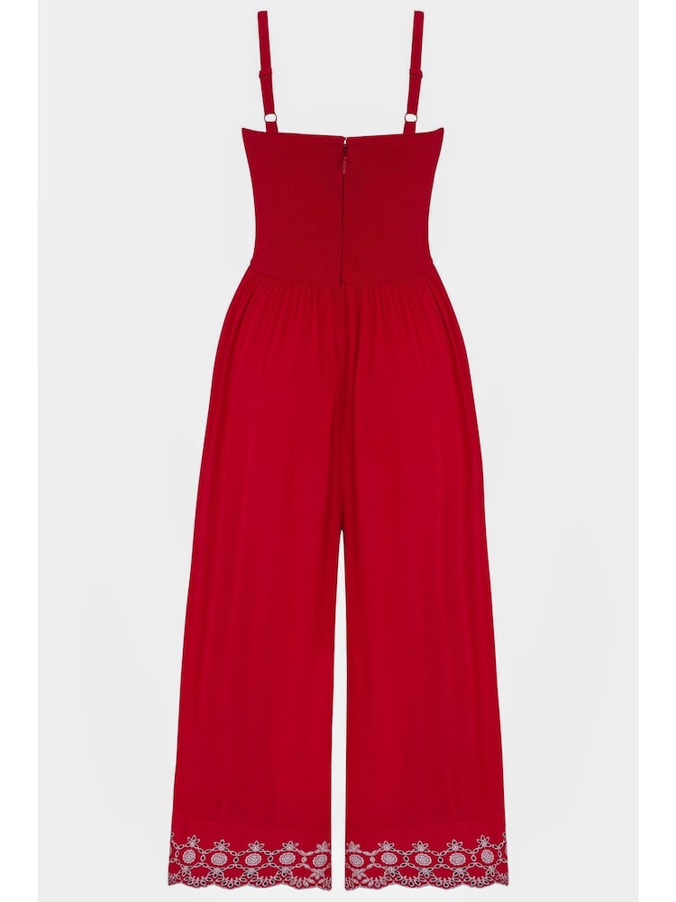 Pour Moi Red Lauren Shirred Bodice Broderie Hem Jumpsuit - Image 4 of 4