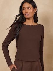 Love & Roses Chocolate Brown Scallop Boat Neck Long Sleeve Top - Image 1 of 4