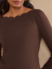 Love & Roses Chocolate Brown Scallop Boat Neck Long Sleeve Top - Image 2 of 4