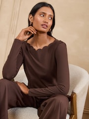 Love & Roses Chocolate Brown Scallop Boat Neck Long Sleeve Top - Image 4 of 4