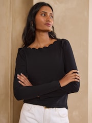 Love & Roses Black Scallop Boat Neck Long Sleeve Top - Image 1 of 4