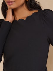 Love & Roses Black Scallop Boat Neck Long Sleeve Top - Image 2 of 4