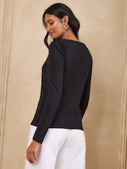Love & Roses Black Scallop Boat Neck Long Sleeve Top - Image 4 of 4