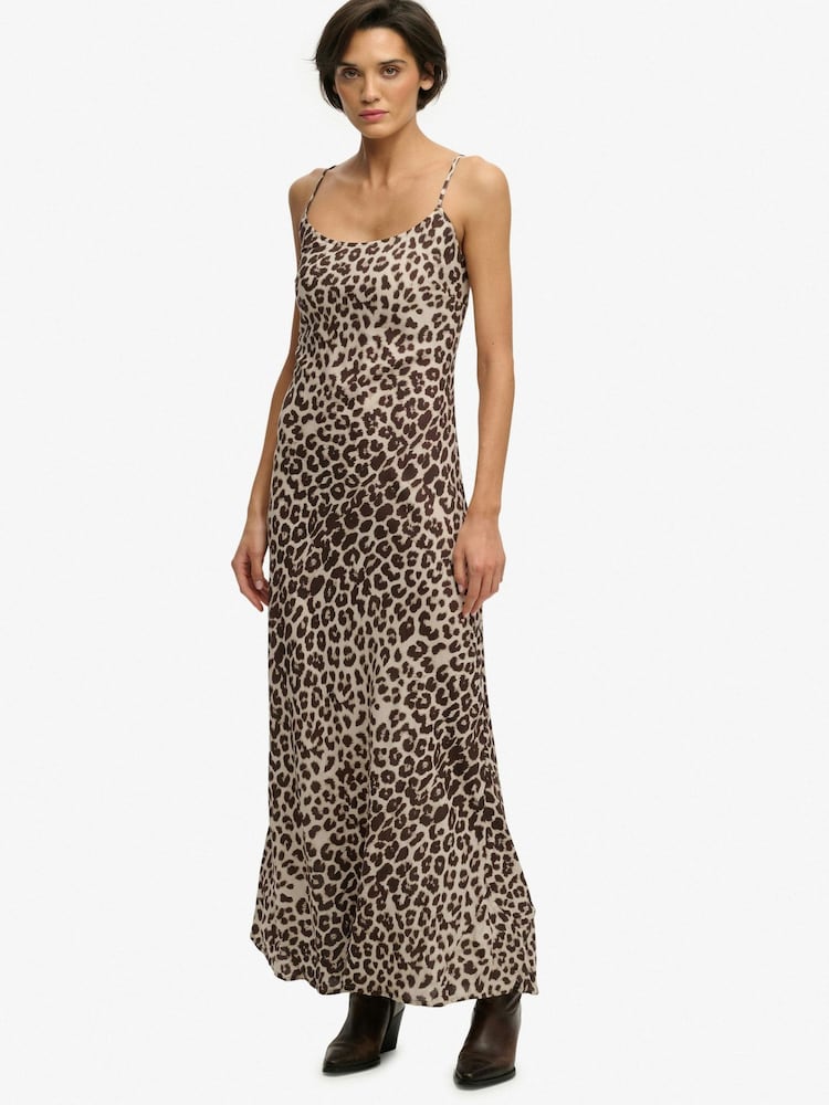 Superdry Brown Printed Maxi Slip Dress - Image 1 of 8 Superdry Brown Printed Maxi Slip Dress - Image 1 of 8