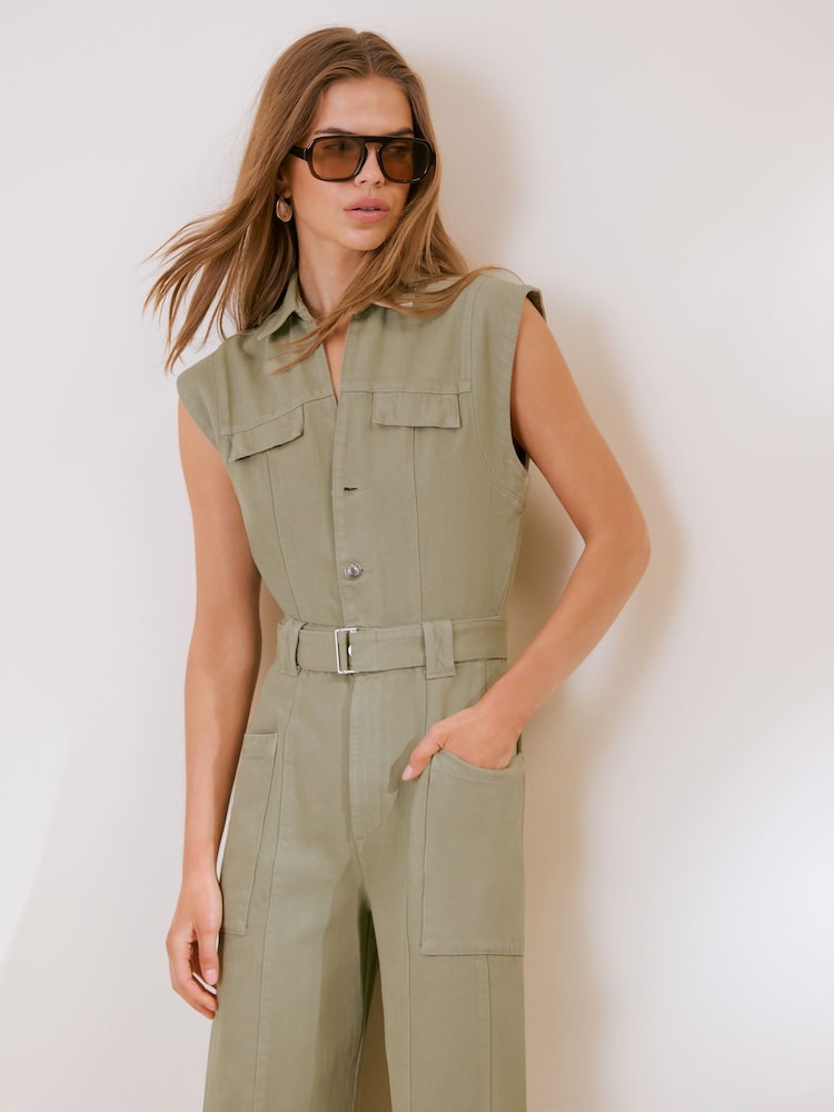 Friends Like These Olive Green Petite Sleeveless Belted Denim Utility Jumpsuit - Image 2 of 4