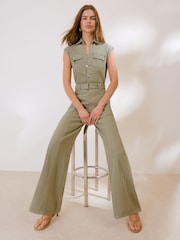Friends Like These Olive Green Petite Sleeveless Belted Denim Utility Jumpsuit - Image 3 of 4